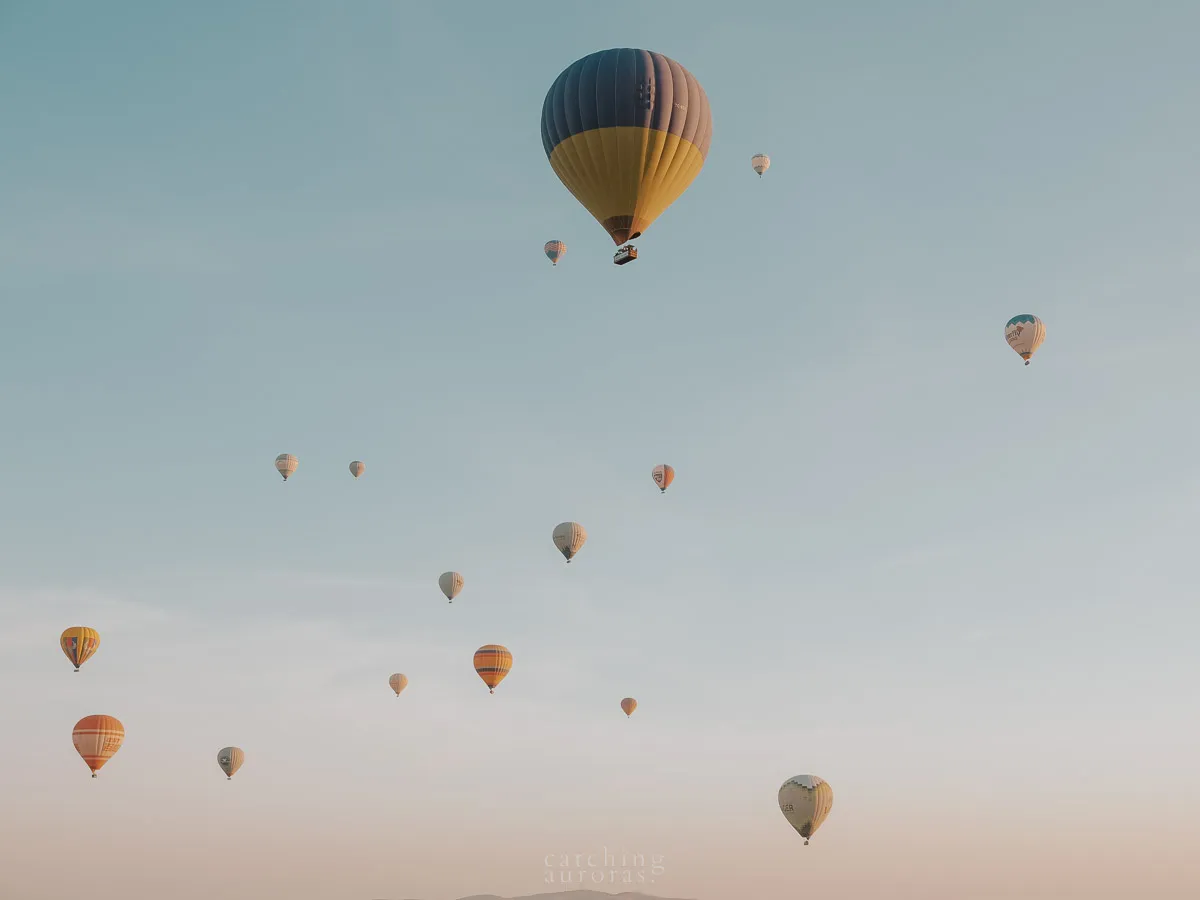 Hot air balloons at sunrise over Cappadocia, Turkey